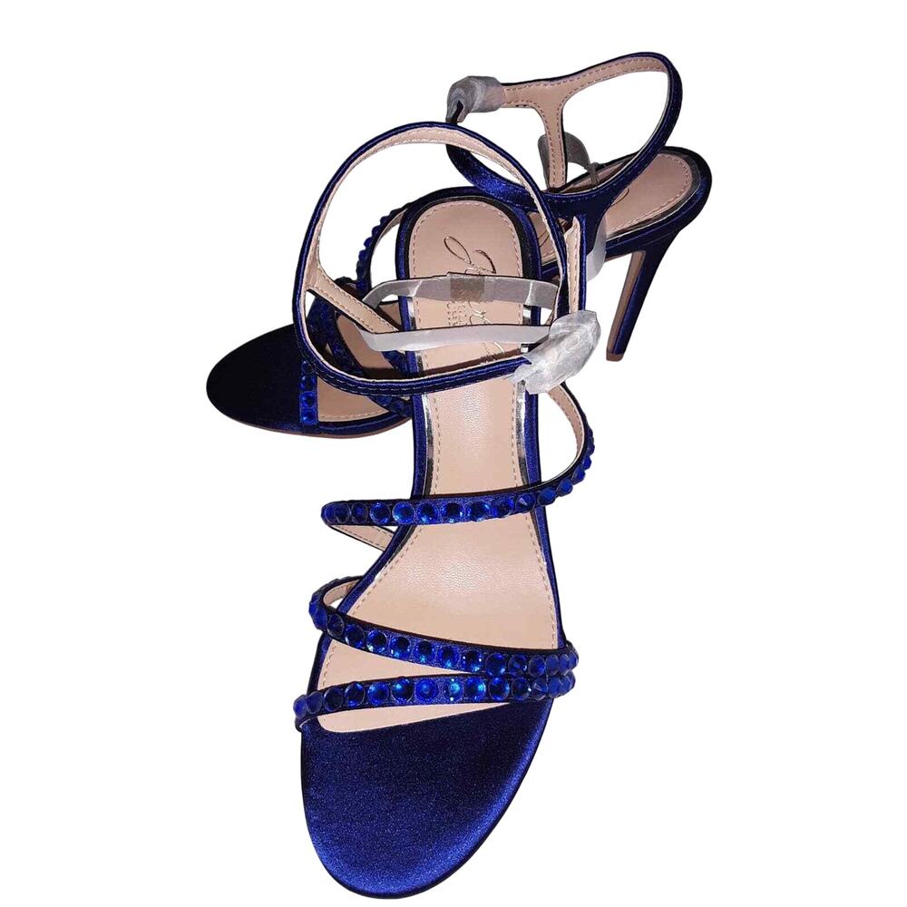 NWB Jewel Badgley Sz 6.5 Mischka MARIMBA Royal Blue Satin Strappy Sandals